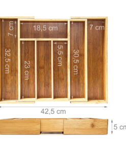 Cutlery Tray Drawer Insert Made of Bamboo, Expandable 5-7 Compartment Durable Organiser