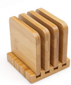 In Stock: Bamboo Coasters, 4-Pack with Holder