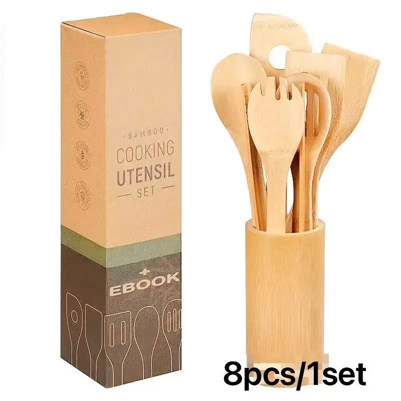 5f922aea-8000-4a18-b1d3-90d70fa34b2e.webp 8-Piece Bamboo Cooking Utensil Set with Spatula, Cooking Spoon, Salad Strainer and Other Styles