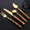 24-Piece Bamboo Cutlery Set, Stainless Steel